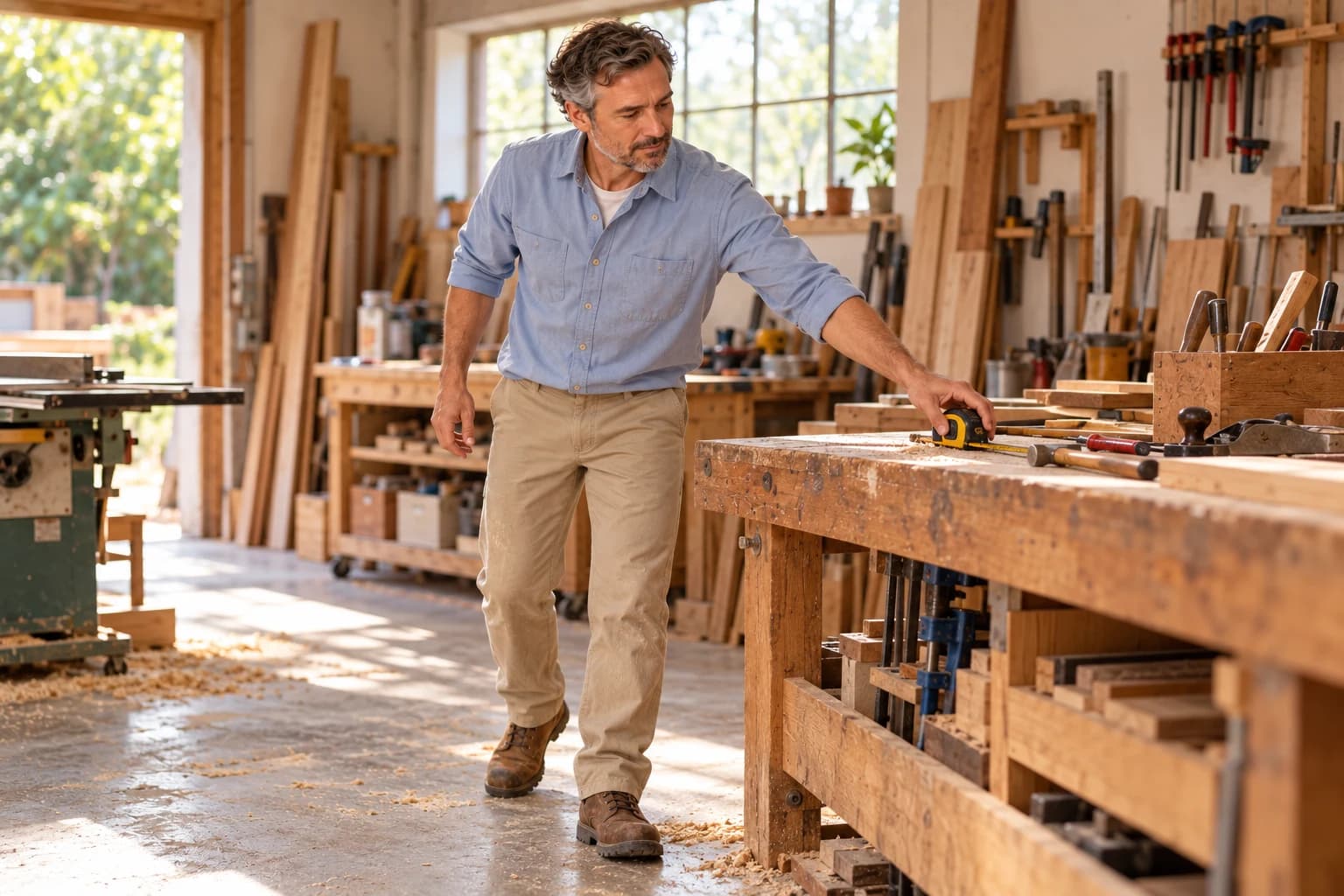 Generated campaign of the same adult man at work; no garment fit or performance implied