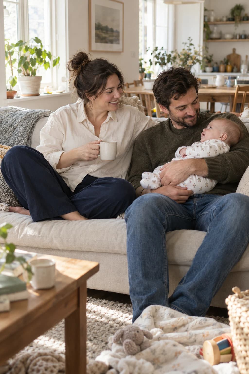 AI-generated illustrative scene of fully clothed adult parents and a baby at home; no recovery product is shown
