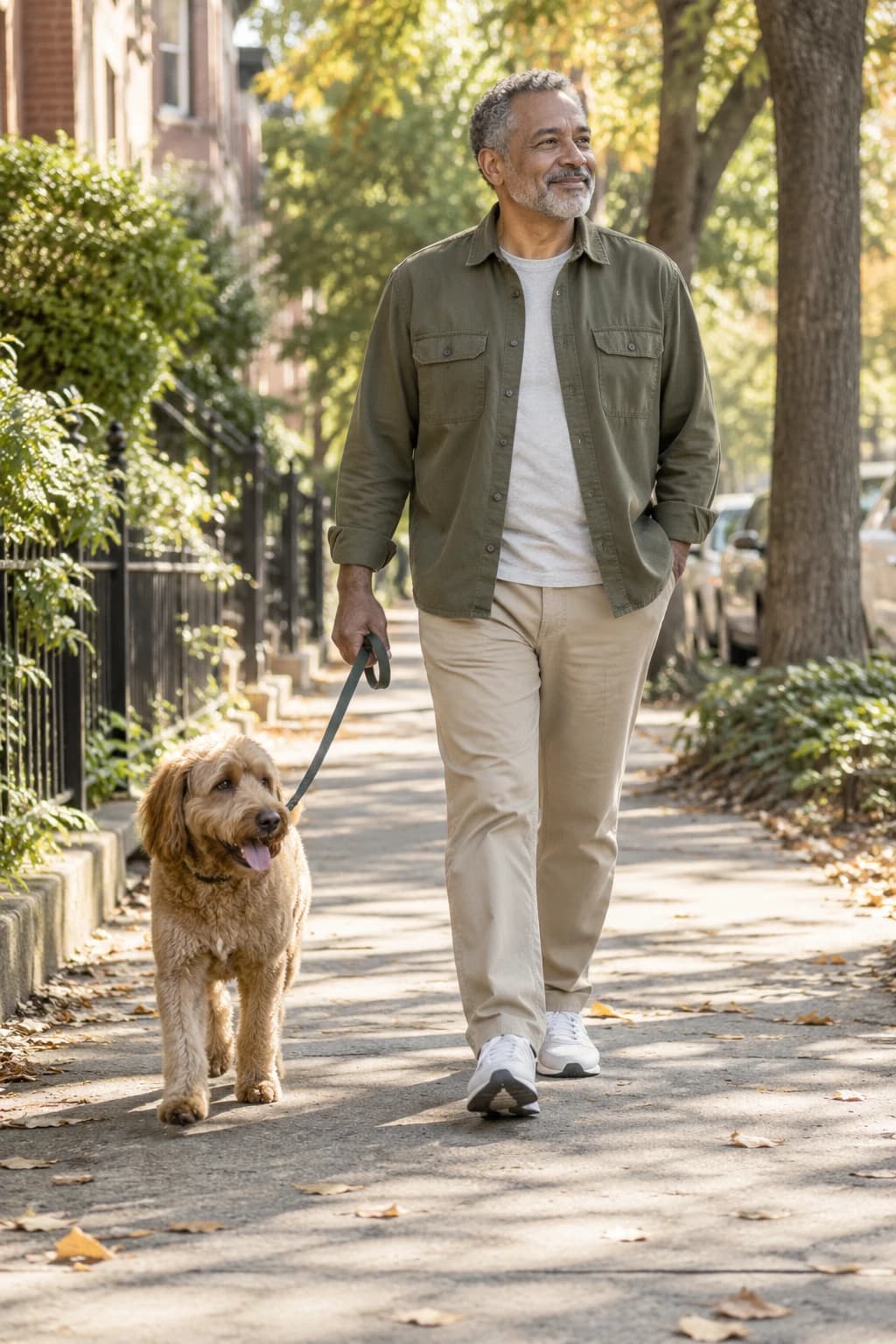 AI-generated illustration of an adult man walking his dog; no diagnosis or recovery status is implied