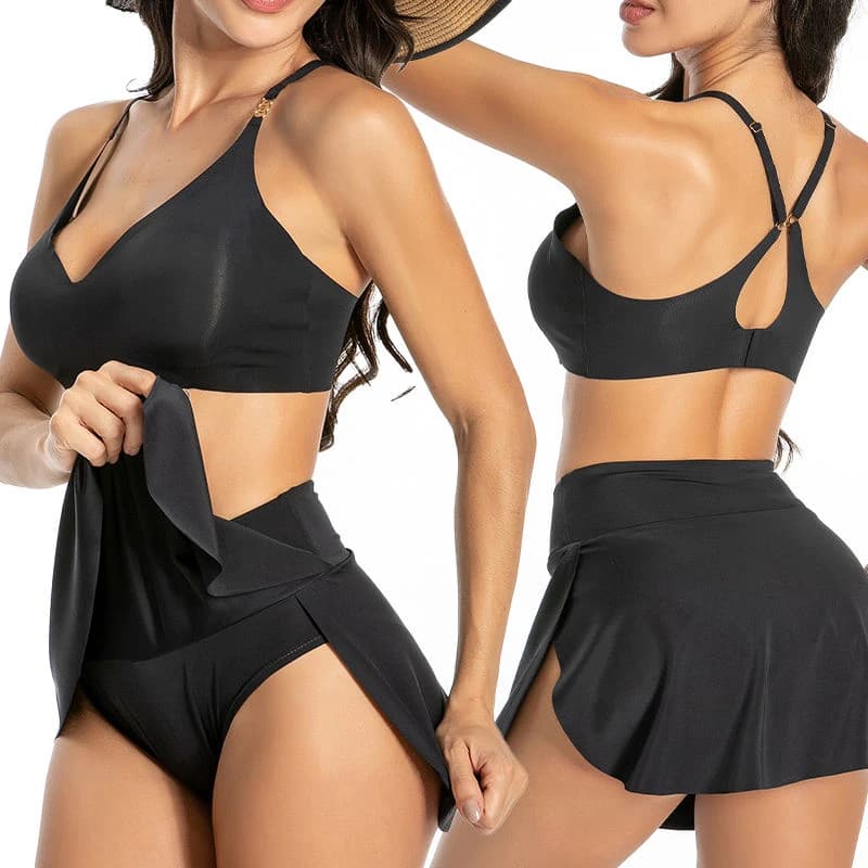 Original manufacturer photos showing the black skirted swim bottom from the front and back on adult models