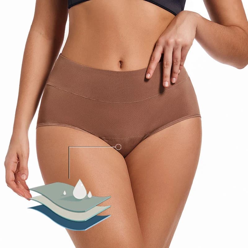 Original manufacturer close-up of the cocoa brief showing its dark internal gusset
