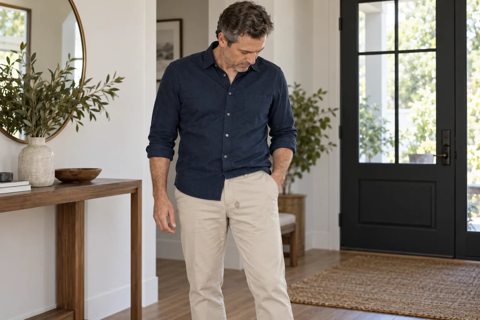 AI-generated illustration of an adult man noticing a small damp mark on light trousers