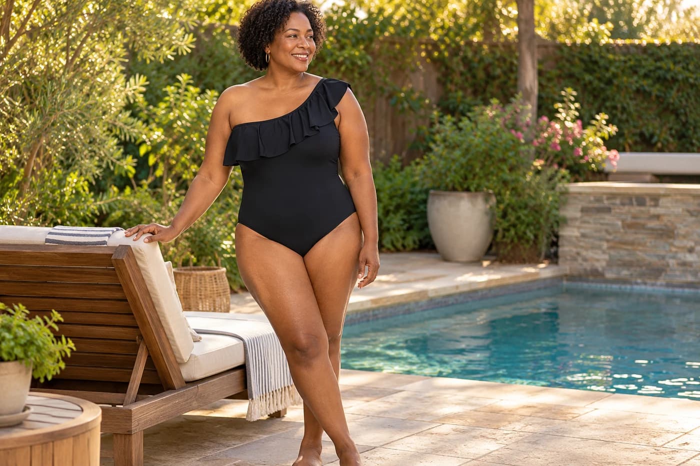 AI-generated poolside styling mockup: adult woman wearing a black one-shoulder ruffle one-piece beside a leafy backyard pool
