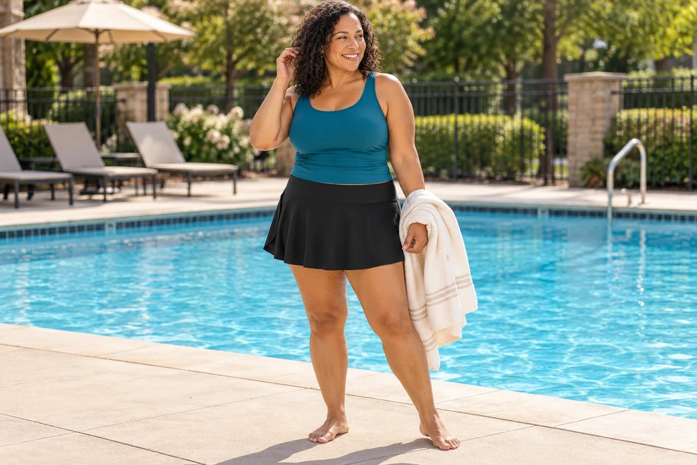 AI-generated poolside styling mockup: adult woman wearing a black swim skirt with a separate teal tankini top beside an outdoor pool; top not included