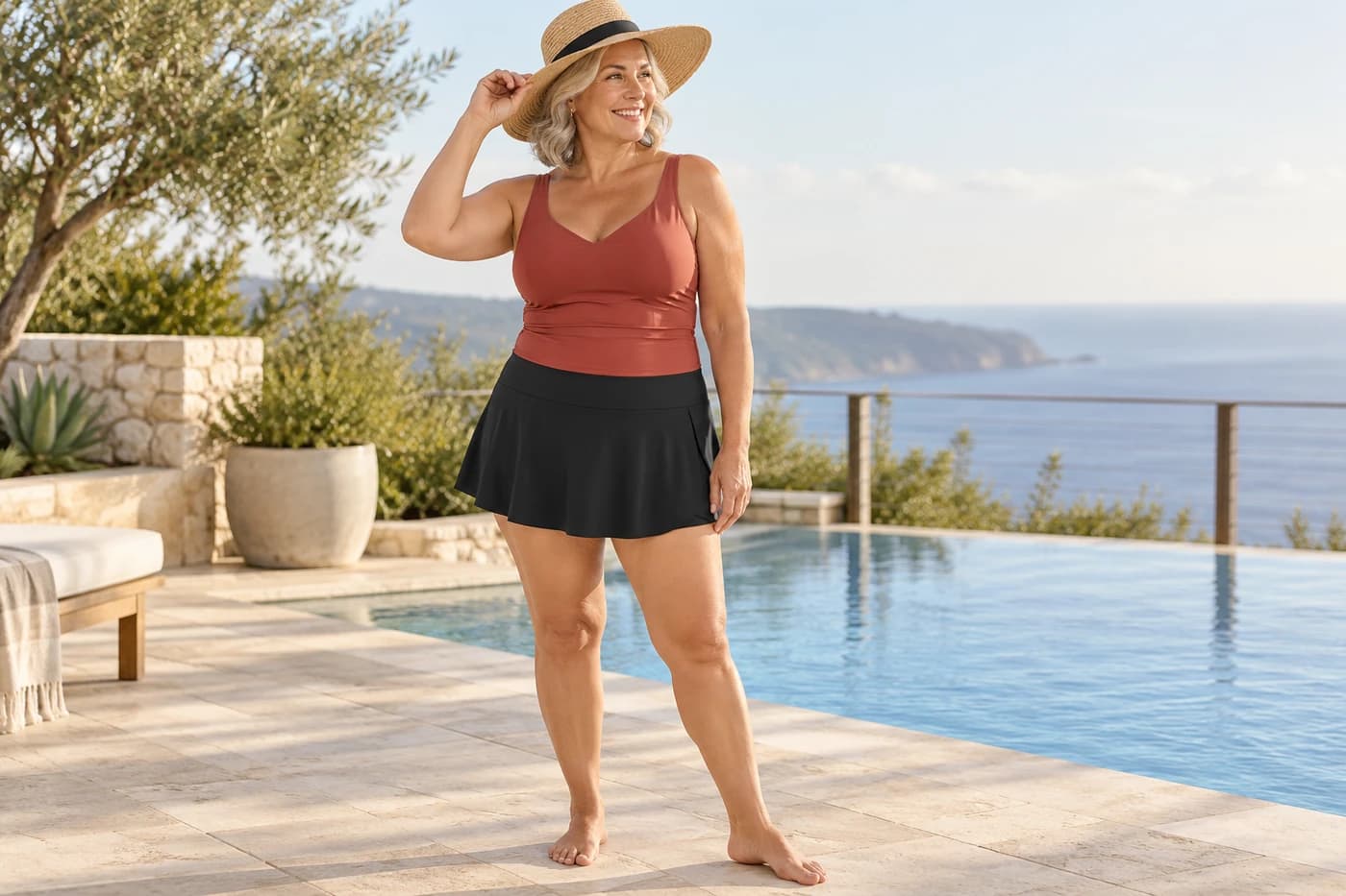 AI-generated poolside styling mockup: adult woman wearing a black swim skirt with a separate rust tankini top beside a coastal vacation pool; top not included