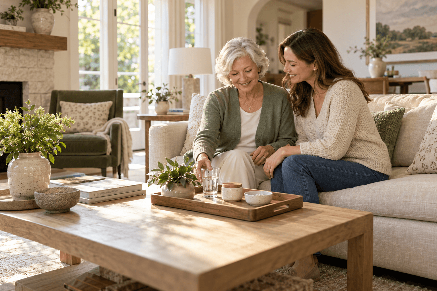 Illustrative scene of a mother and daughter sharing an everyday moment in a comfortable home