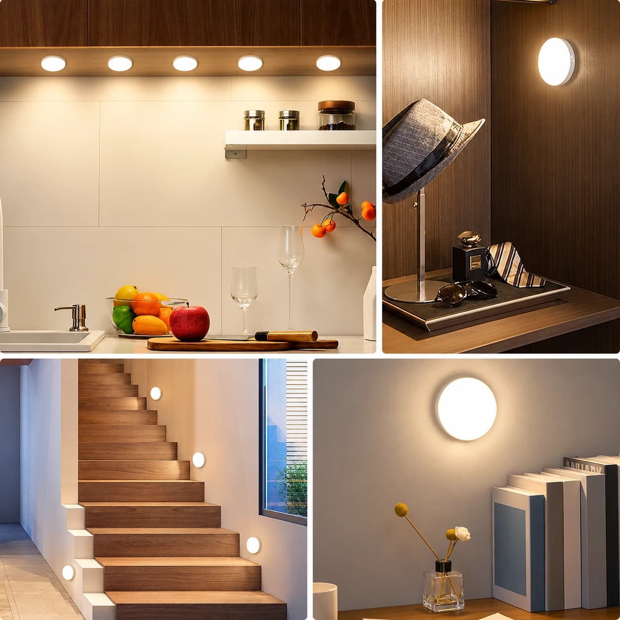 Under-bed motion light kit — Round light in kitchen, wardrobe, stairs and study