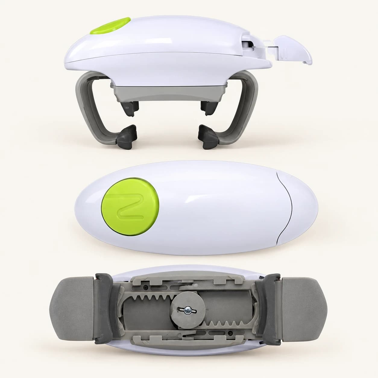 One-touch jar opener — Side, top and underside mechanism views