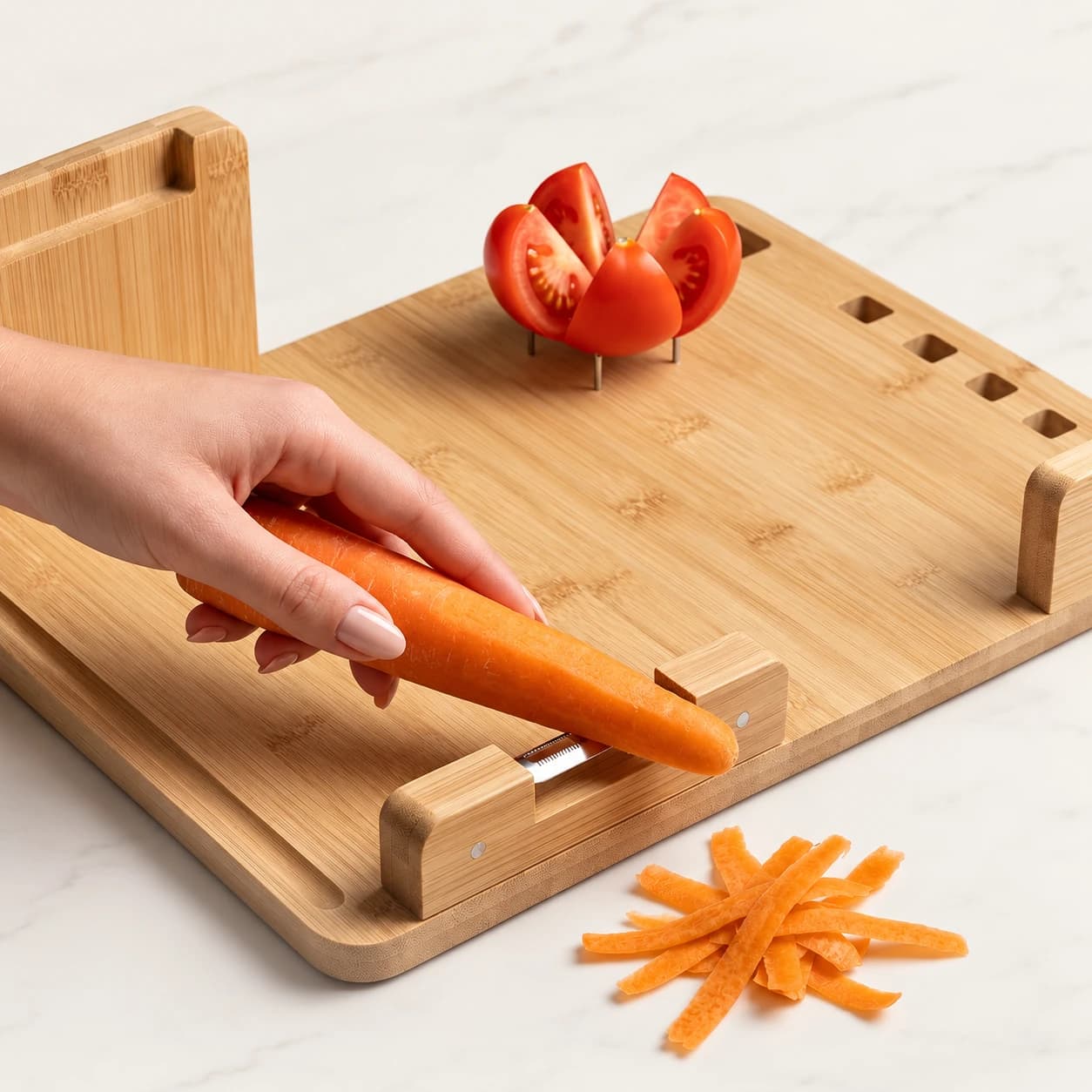 One-hand food-prep board — Carrot peeling and tomato support in use