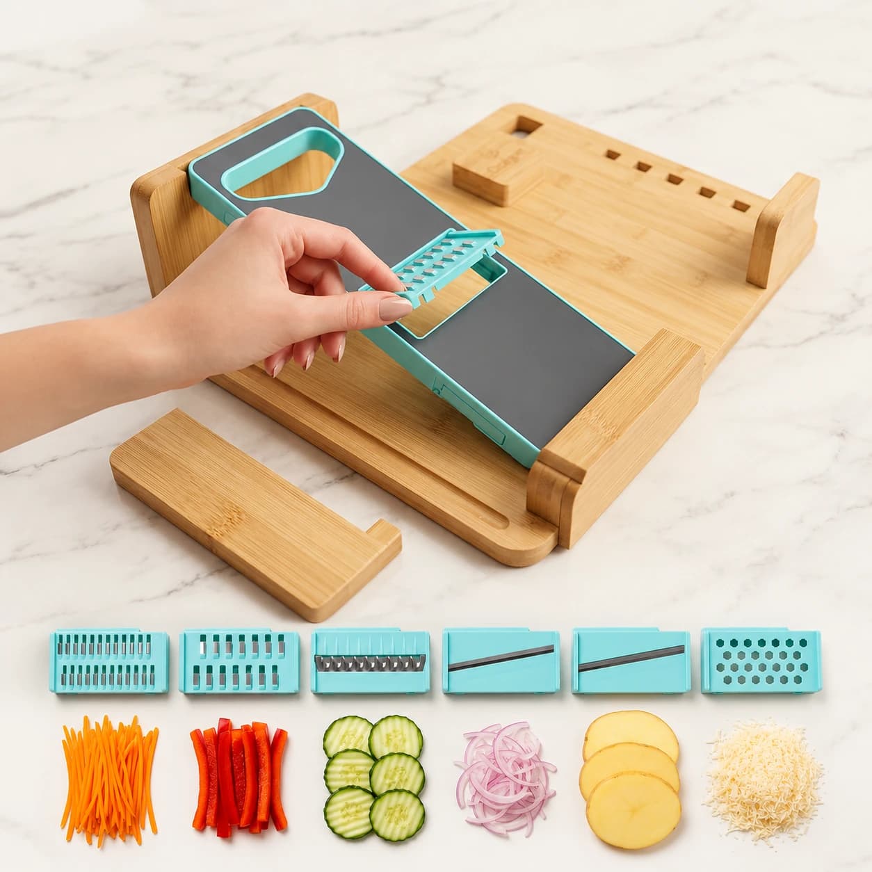 One-hand food-prep board — Blade insert change; pictured configuration and accessories; contents confirmed with quote
