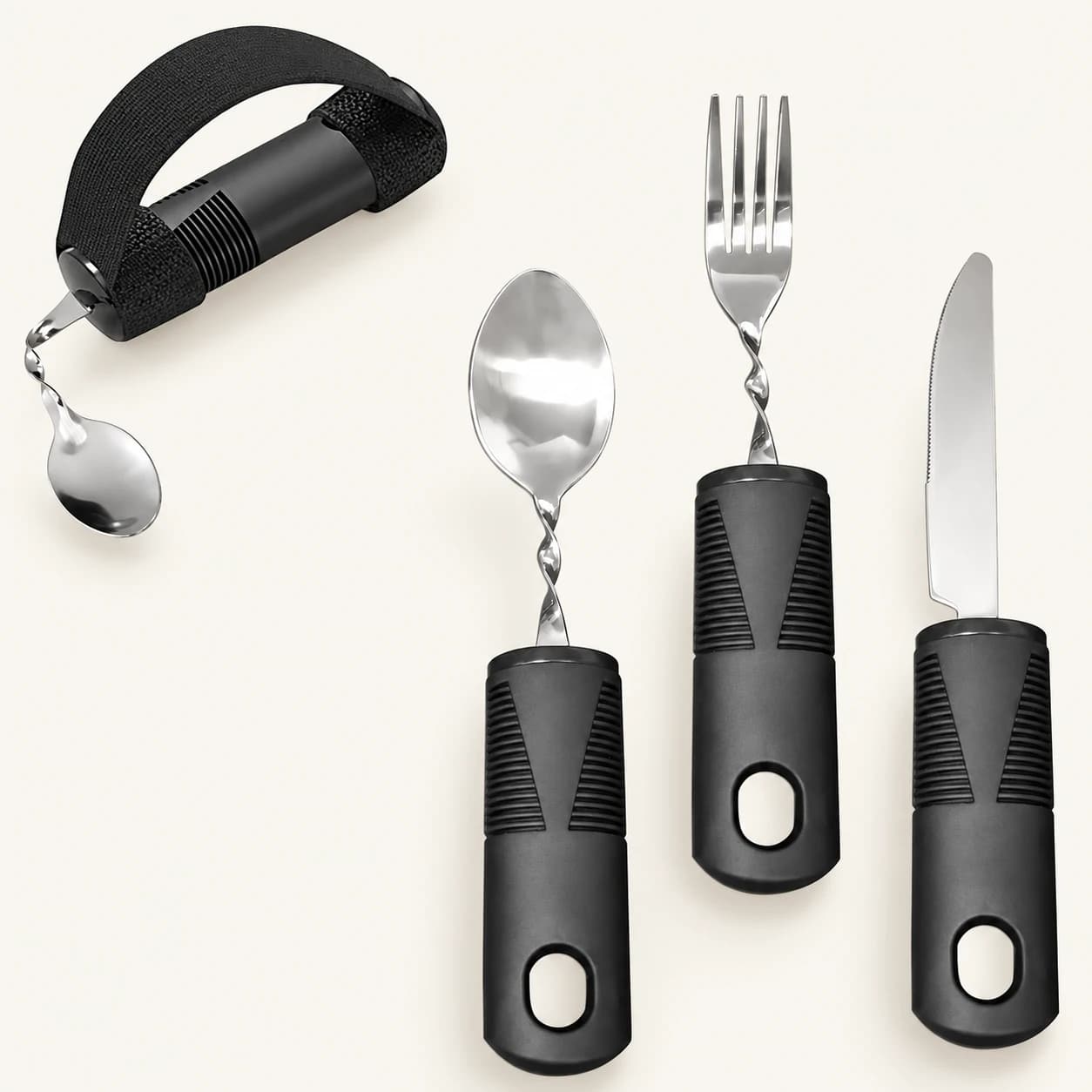 Adaptive four-piece utensil set: black utensils with strap and bent-spoon detail