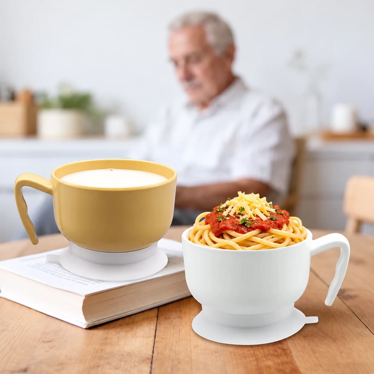 Adaptive suction bowl: mustard and white alternative bowl configurations