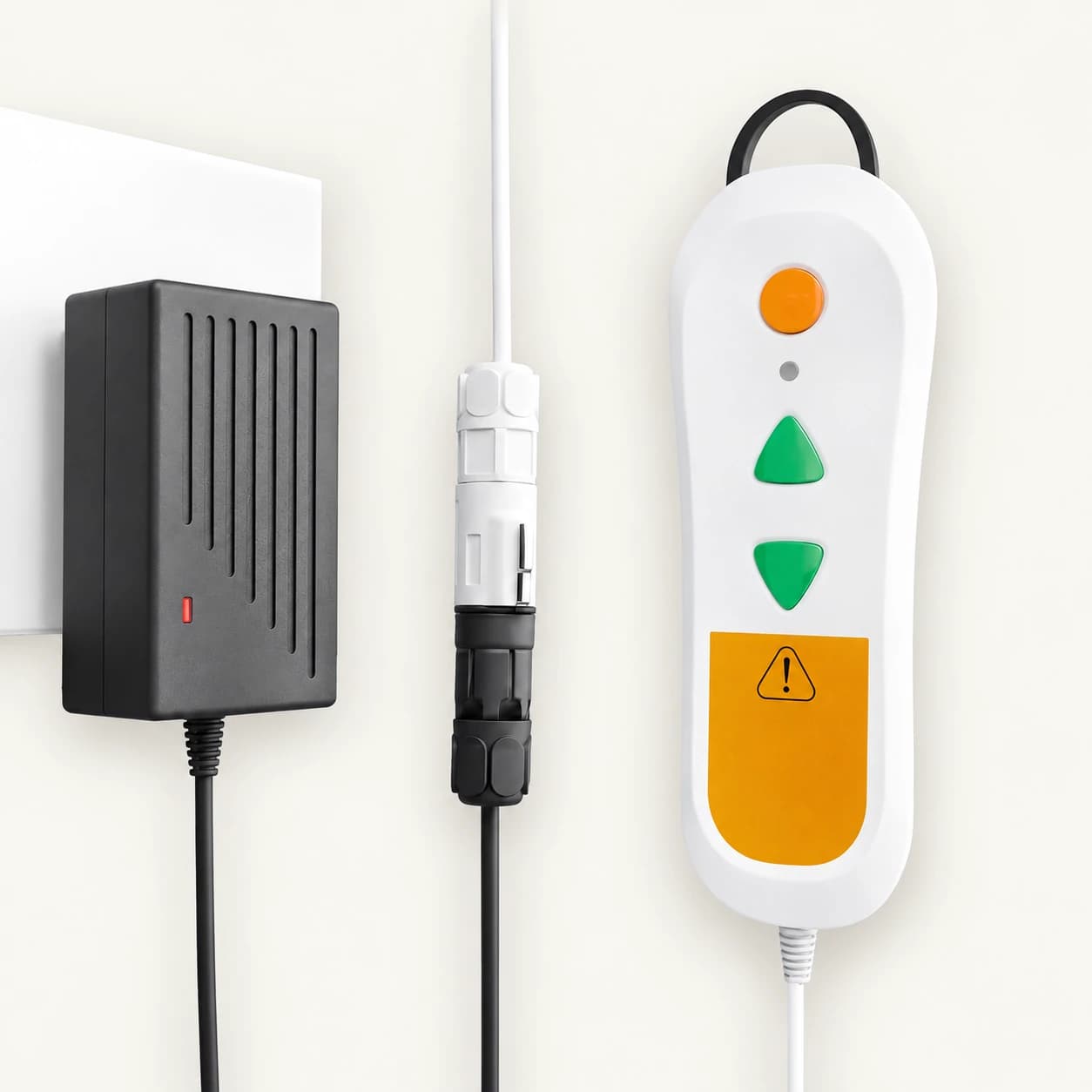 Adjustable bathtub lift chair: hand control and power connections